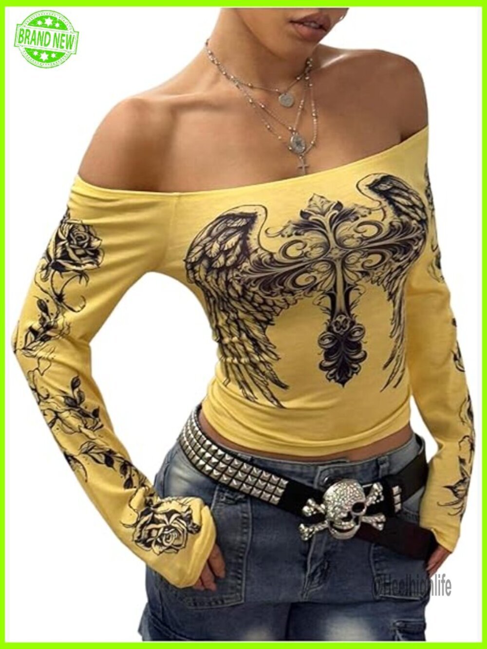 Off Shoulder Goth Graphic Tee Long Sleeve Crop Top